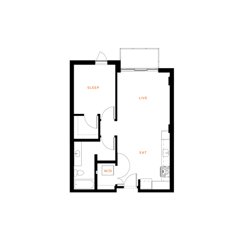 Floor plan for 1 bed, 1 bath, 705 sqft